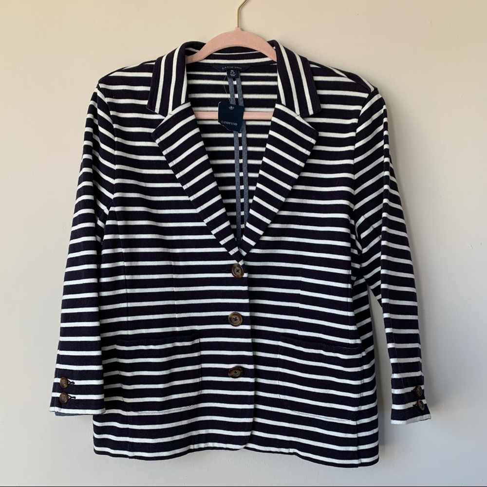 Lands End NWT Knit Blazer Striped Navy White Size Medium Career Office Business
